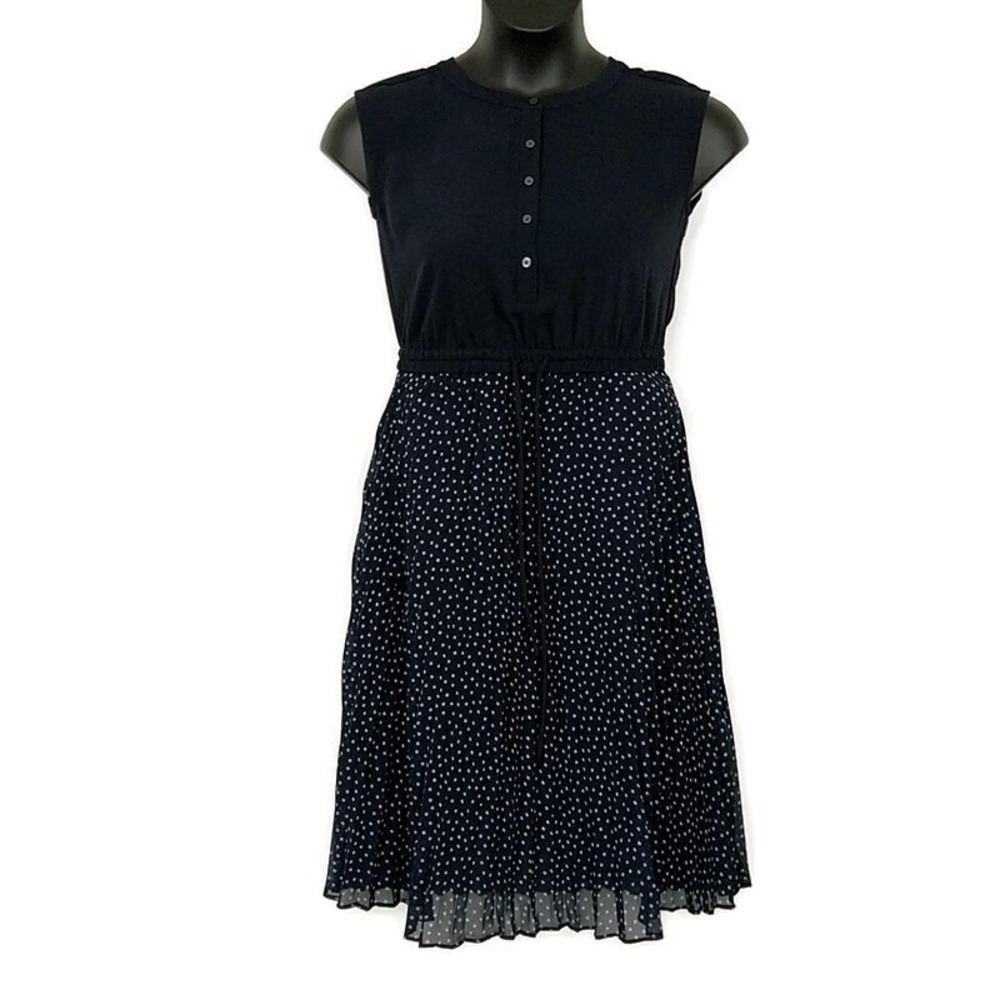 LOFT Dress Women 00 Navy Polka Dot Pleated Button Up Sleeveless